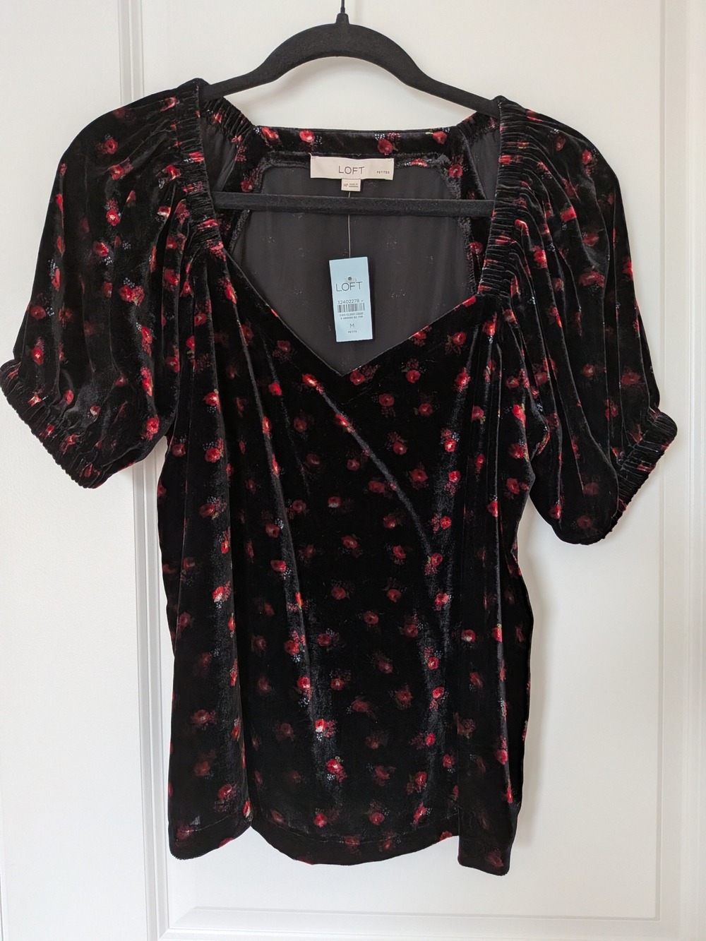 LOFT Black Velvet V-Neck Blouse with Red Floral Dots